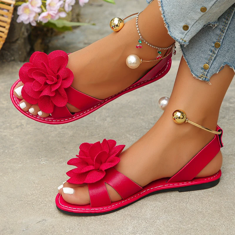 Damen komfortable Sandalen mit dekorativen Blumen-Applikationen