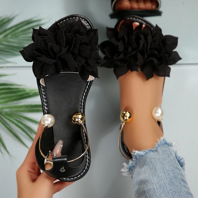 Damen komfortable Sandalen mit dekorativen Blumen-Applikationen