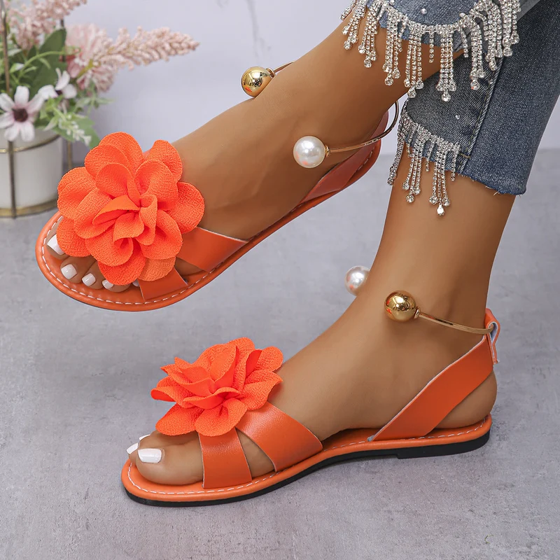 Damen komfortable Sandalen mit dekorativen Blumen-Applikationen