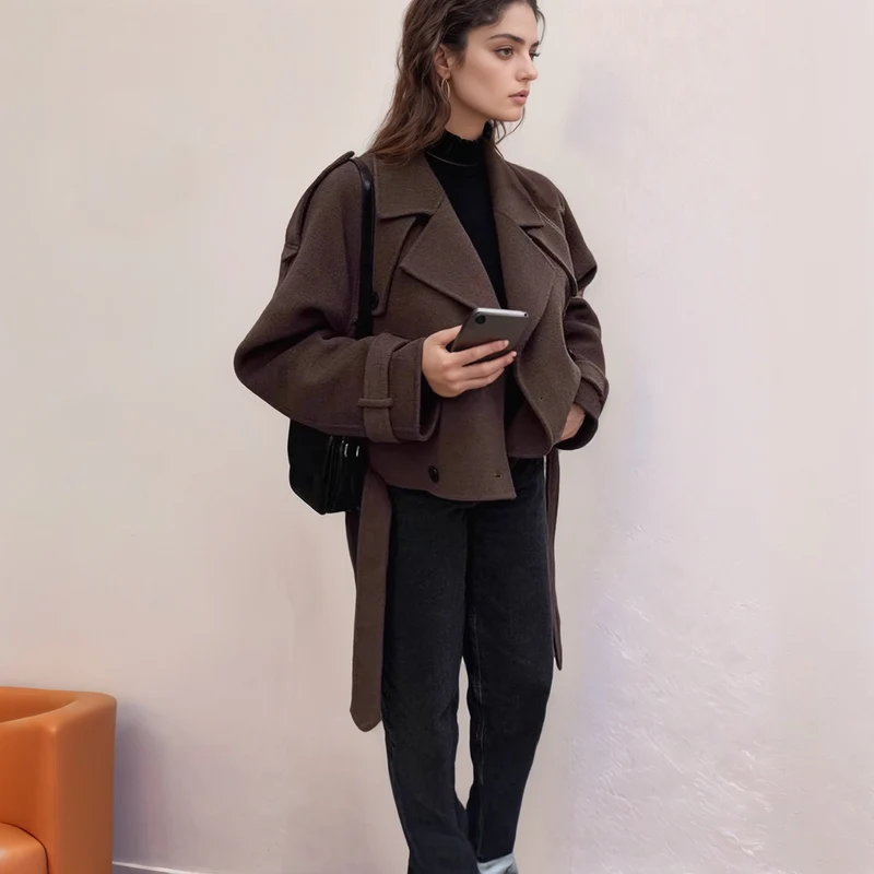 Damen Kurzer Wollmantel mit oversized Kragen, doppelreihiger Knopfleiste und Bindegürtel Nord Taschen