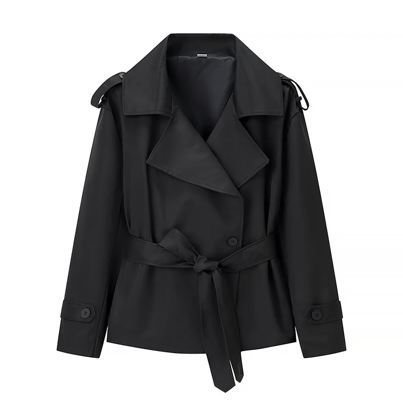 Damen Kurzer Trenchcoat mit Bindegürtel und Doppelreiher Nord Taschen
