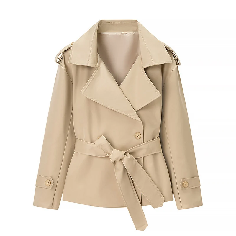 Damen Kurzer Trenchcoat mit Bindegürtel und Doppelreiher Nord Taschen