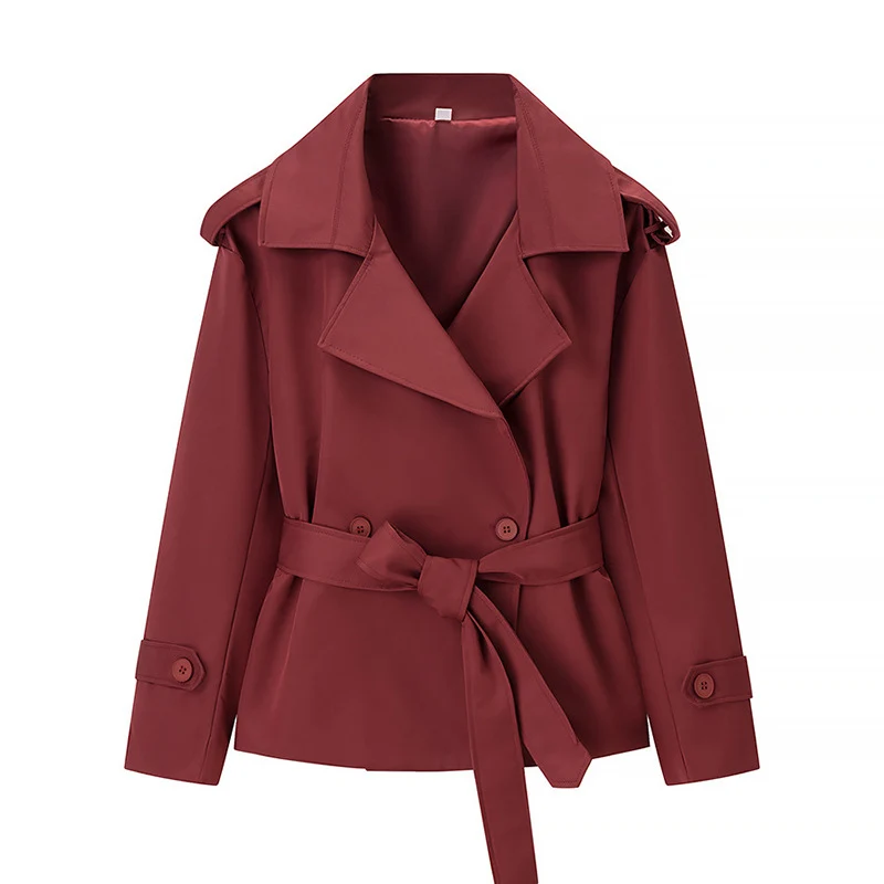 Damen Kurzer Trenchcoat mit Bindegürtel und Doppelreiher Nord Taschen