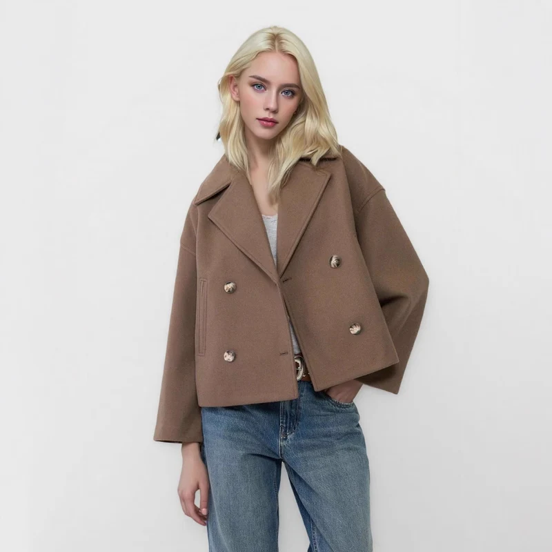 Damen Kurzer Doppelreihiger Wollmix-Mantel mit Oversize-Revers Nord Taschen