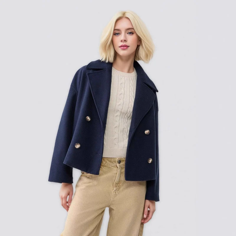 Damen Kurzer Doppelreihiger Wollmix-Mantel mit Oversize-Revers Nord Taschen