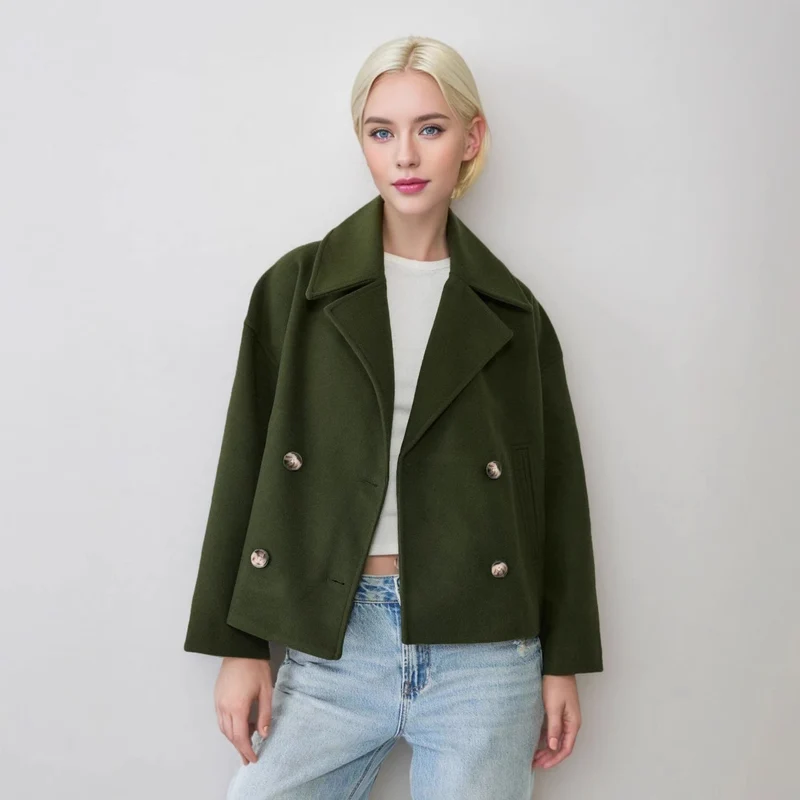 Damen Kurzer Doppelreihiger Wollmix-Mantel mit Oversize-Revers Nord Taschen