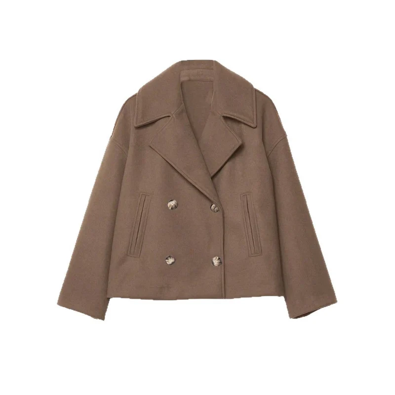 Damen Kurzer Doppelreihiger Wollmix-Mantel mit Oversize-Revers Nord Taschen