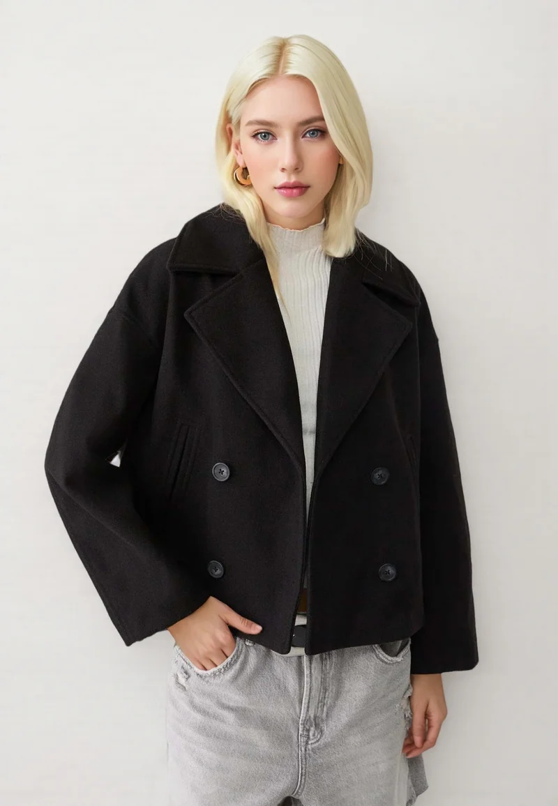 Damen Kurzer Doppelreihiger Wollmix-Mantel mit Oversize-Revers Nord Taschen