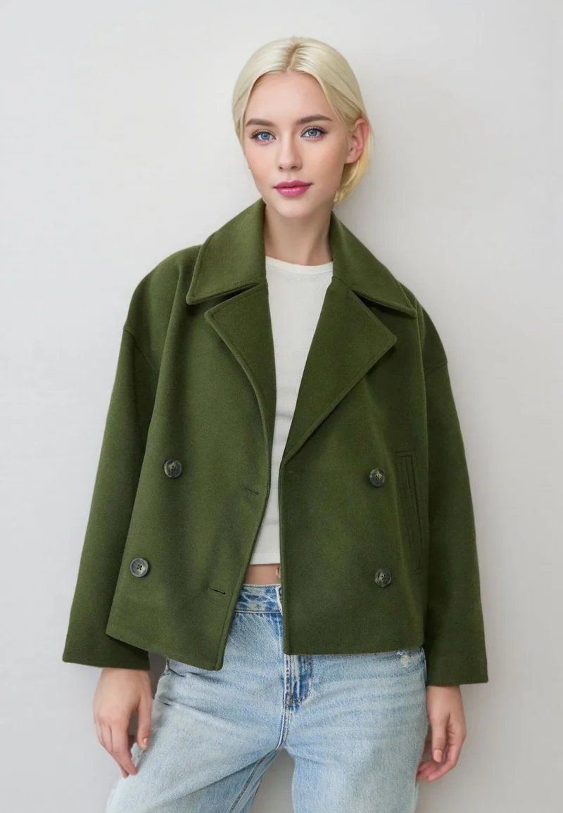 Damen Kurzer Doppelreihiger Wollmix-Mantel mit Oversize-Revers Nord Taschen
