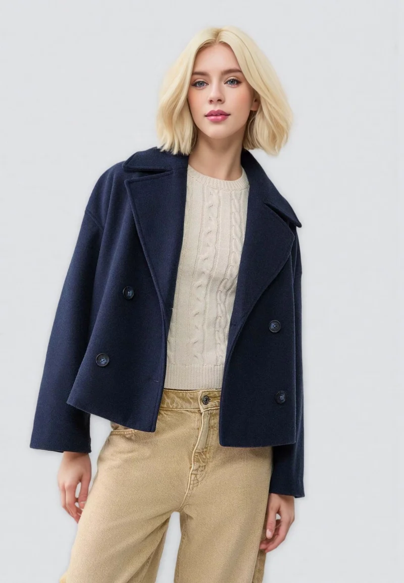 Damen Kurzer Doppelreihiger Wollmix-Mantel mit Oversize-Revers Nord Taschen