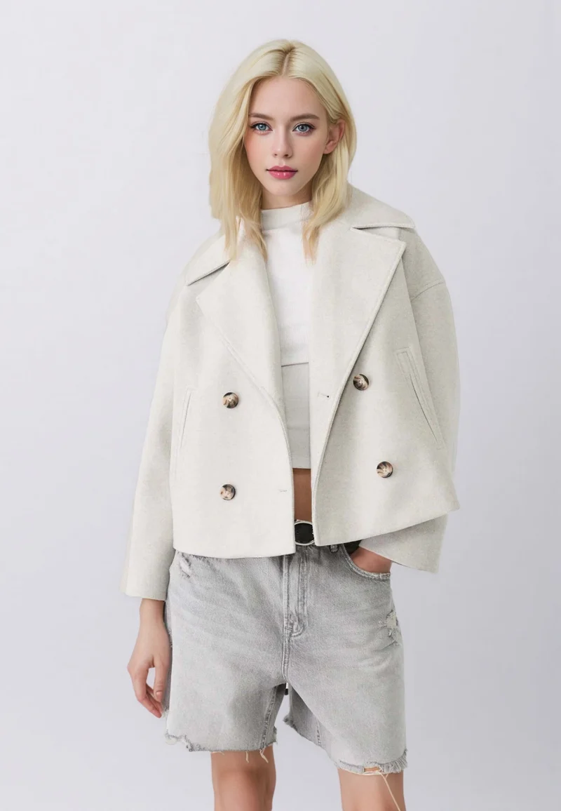 Damen Kurzer Doppelreihiger Wollmix-Mantel mit Oversize-Revers Nord Taschen