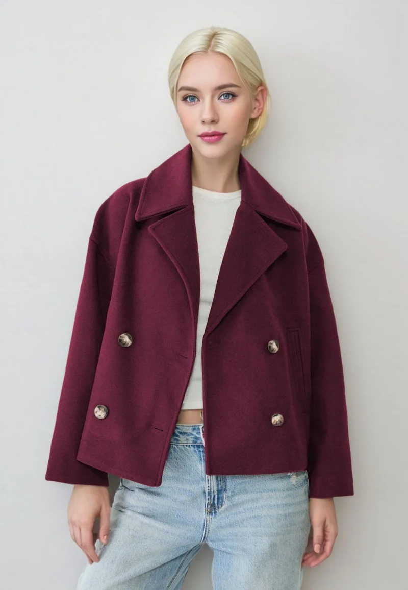 Damen Kurzer Doppelreihiger Wollmix-Mantel mit Oversize-Revers Nord Taschen
