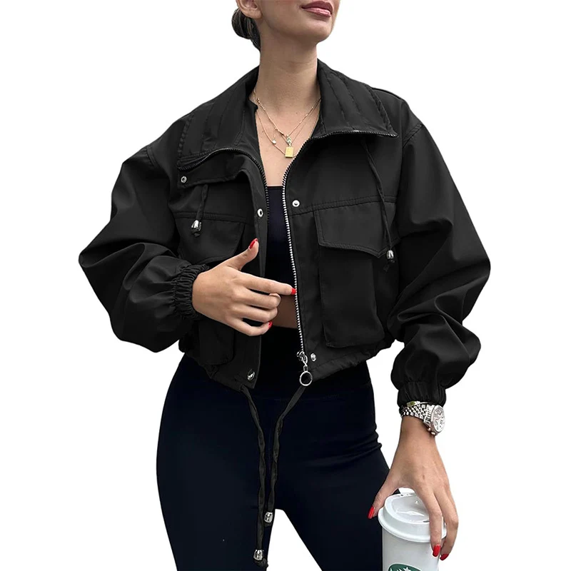 Damen kurze Utility-Jacke mit Kordelzug, Reißverschluss und aufgesetzten Taschen Nord Taschen