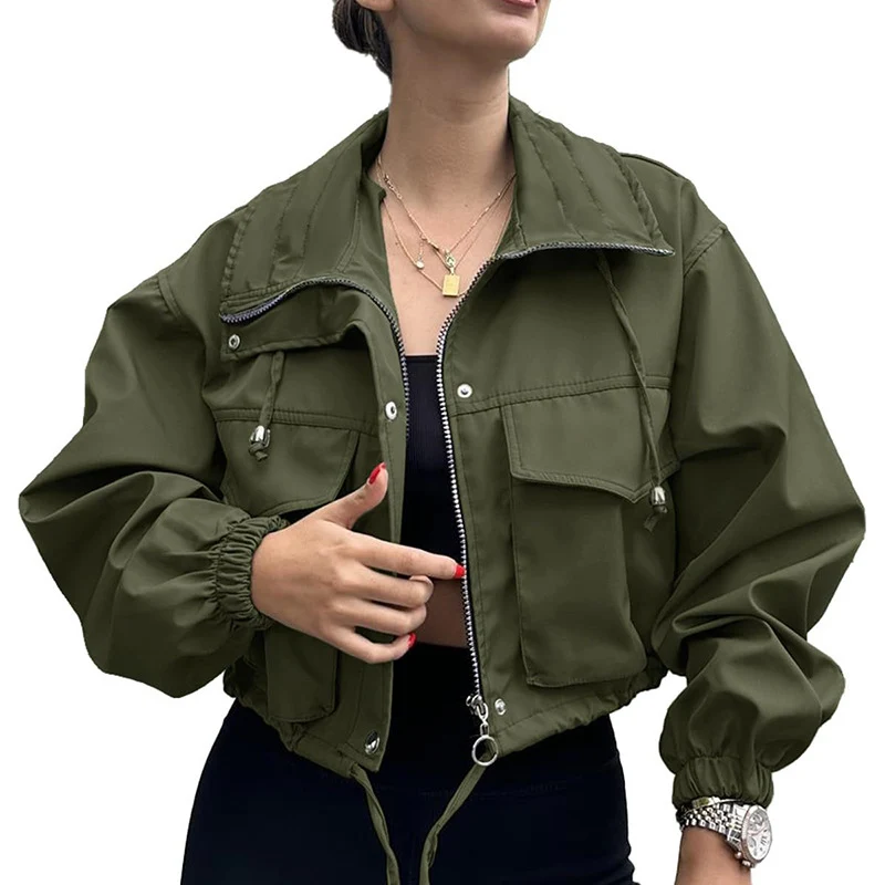 Damen kurze Utility-Jacke mit Kordelzug, Reißverschluss und aufgesetzten Taschen Nord Taschen