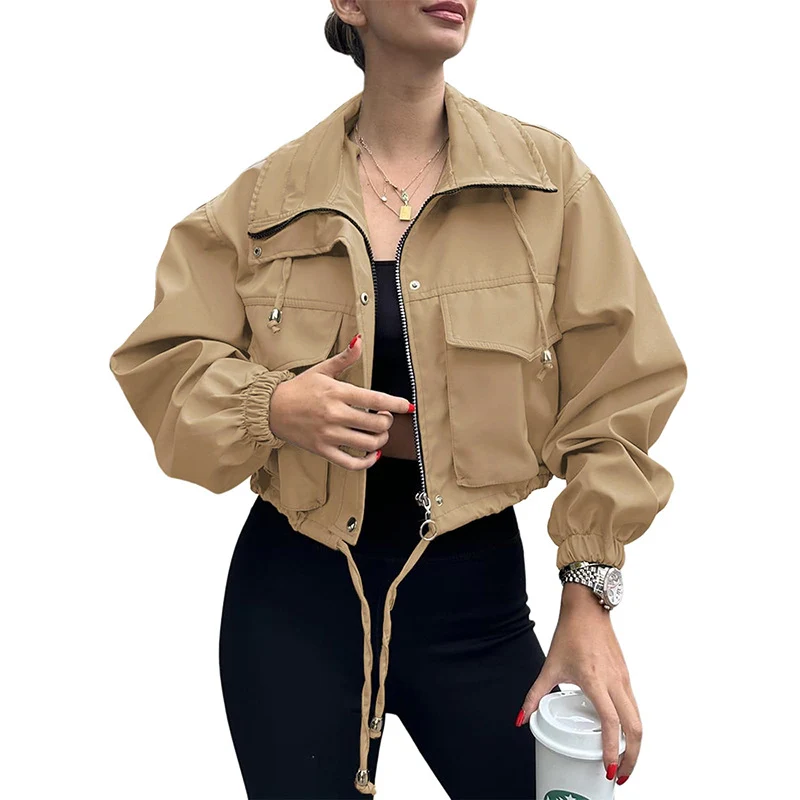 Damen kurze Utility-Jacke mit Kordelzug, Reißverschluss und aufgesetzten Taschen Nord Taschen