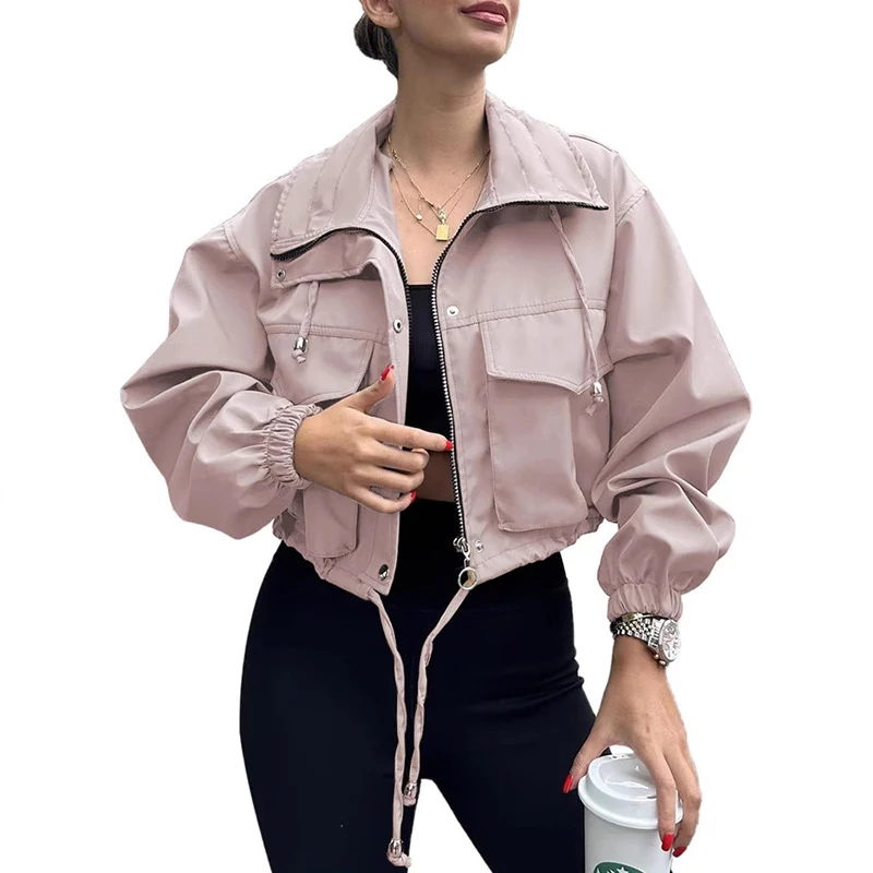 Damen kurze Utility-Jacke mit Kordelzug, Reißverschluss und aufgesetzten Taschen Nord Taschen
