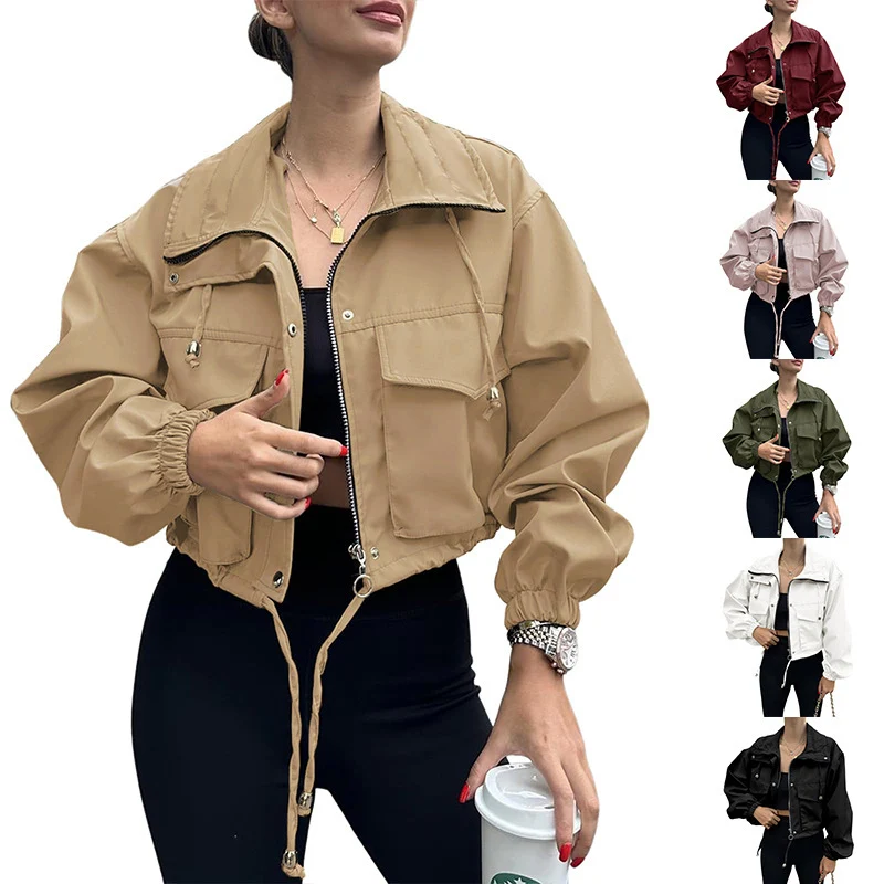 Damen Kurze Utility-Bomberjacke mit Kordelzug und Oversized-Ärmeln Nord Taschen