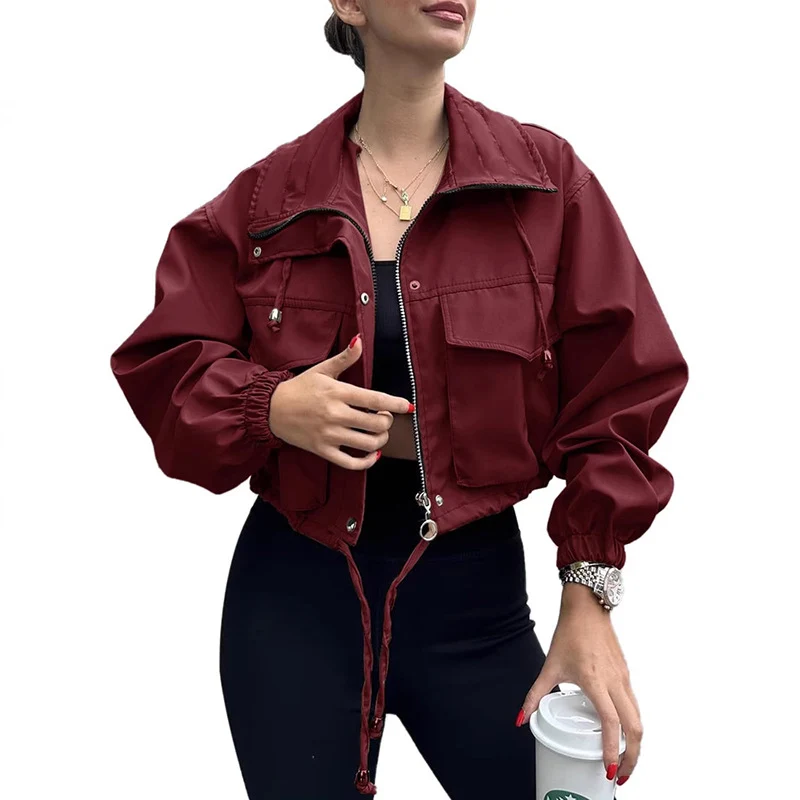Damen Kurze Utility-Bomberjacke mit Kordelzug und Oversized-Ärmeln Nord Taschen