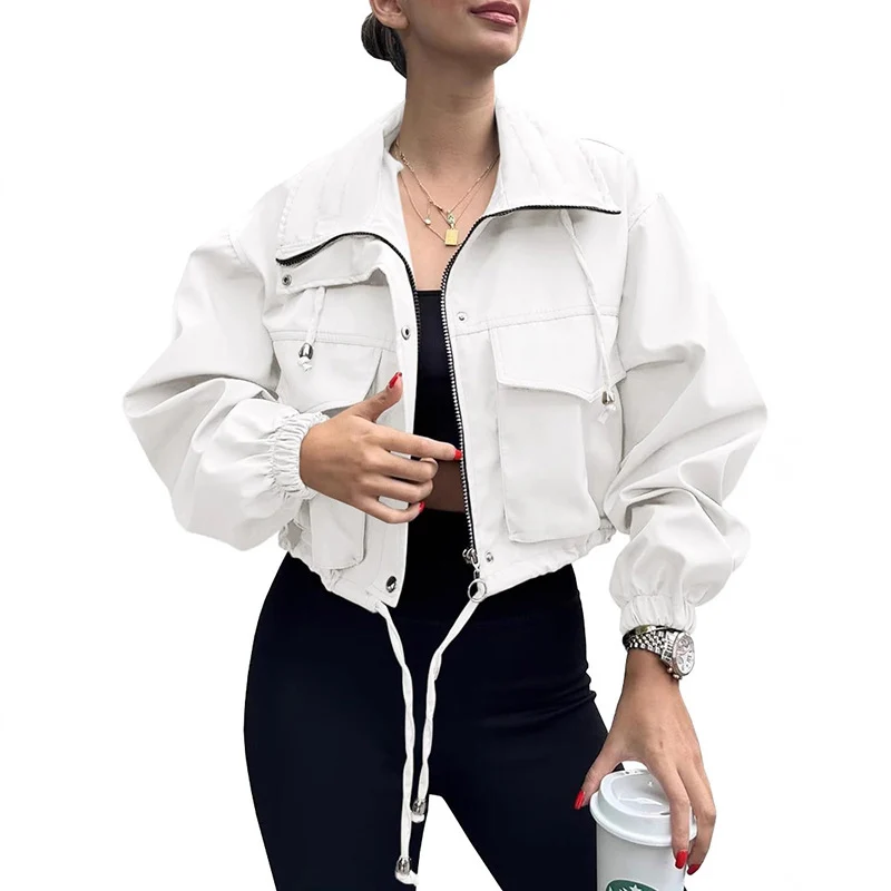 Damen Kurze Utility-Bomberjacke mit Kordelzug und Oversized-Ärmeln Nord Taschen