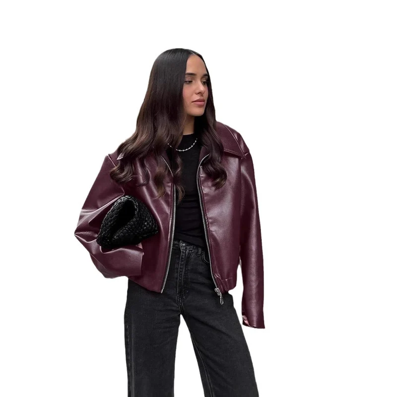 Damen Kurze Oversize Kunstlederjacke mit Hemdkragen und elastischem Saum Nord Taschen