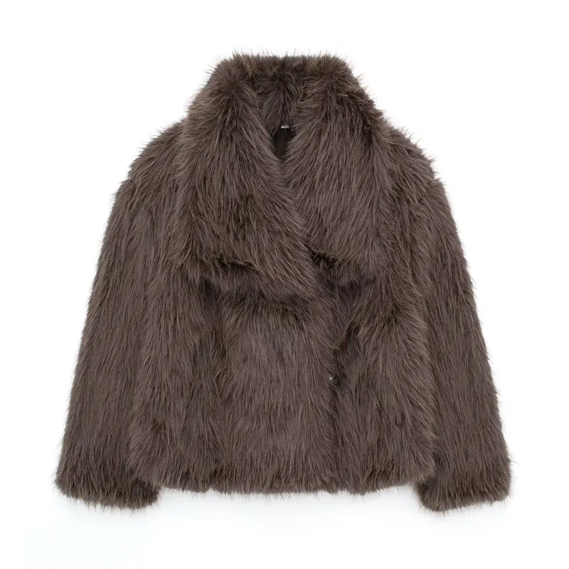 Damen Kurze Kunstfelljacke mit voluminösem Schalkragen Nord Taschen