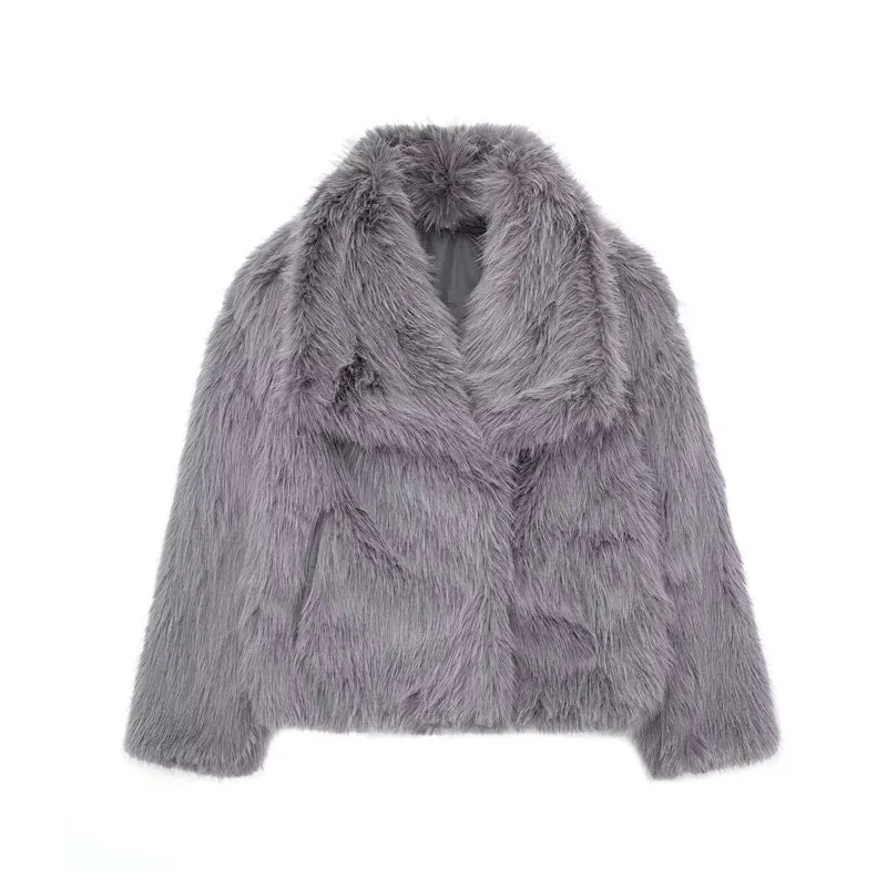 Damen Kurze Kunstfelljacke mit voluminösem Schalkragen Nord Taschen