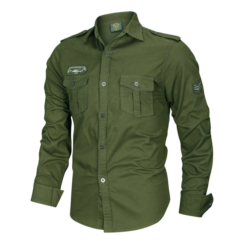 Herren Militärisches Baumwollhemd mit Schulterklappen, Pattentaschen und Stickpatches Nord Taschen