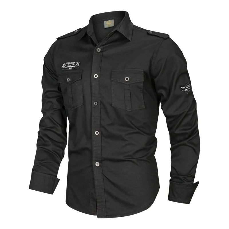 Herren Militärisches Baumwollhemd mit Schulterklappen, Pattentaschen und Stickpatches Nord Taschen