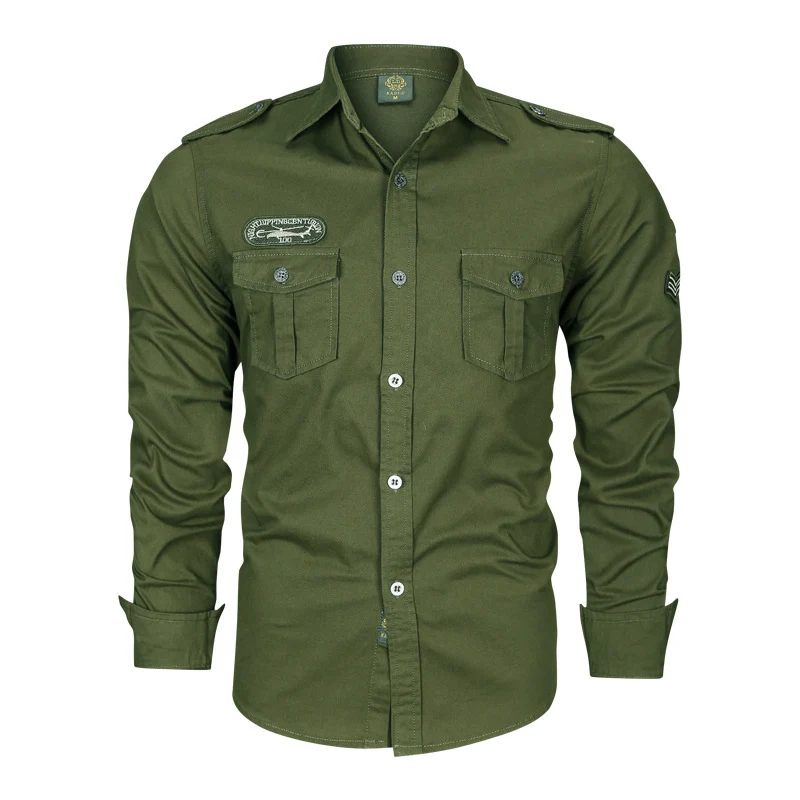 Herren Militärisches Baumwollhemd mit Schulterklappen, Pattentaschen und Stickpatches Nord Taschen
