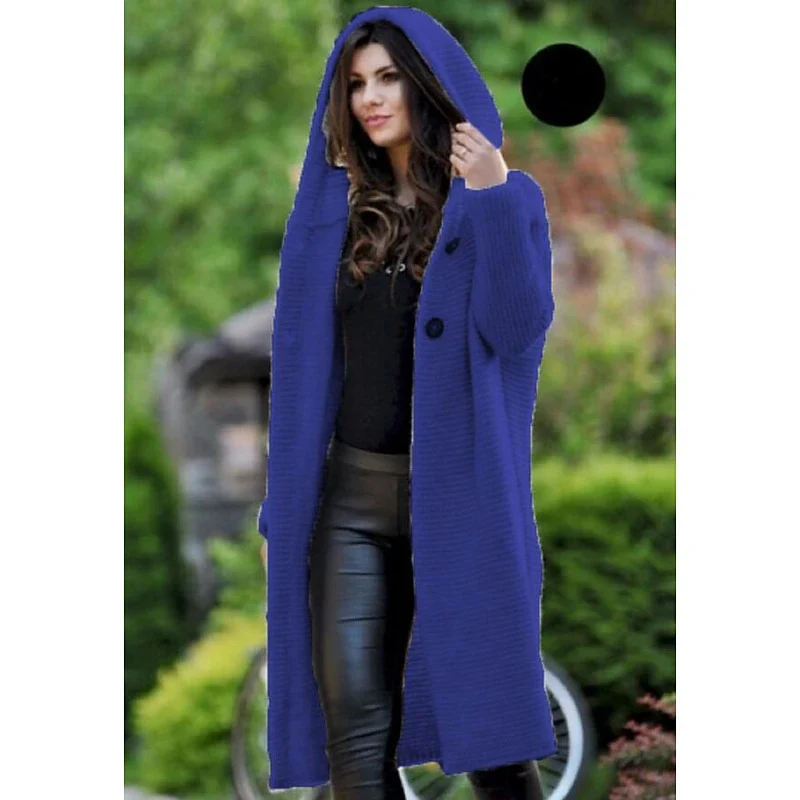 Damen Kapuzen-Strickmantel mit Oversize-Schnitt und Knopfleiste Nord Taschen