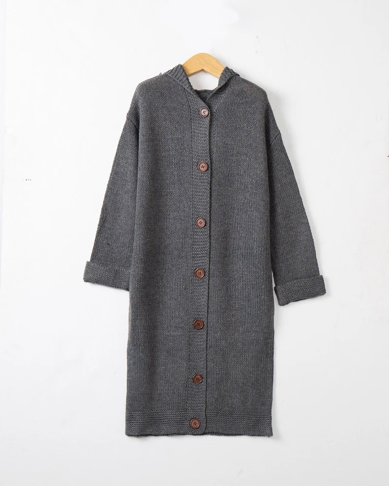 Damen Kapuzen-Longcardigan aus mitteldickem Rippstrick mit durchgehender Knopfleiste und lockerem Oversize-Schnitt Nord Taschen