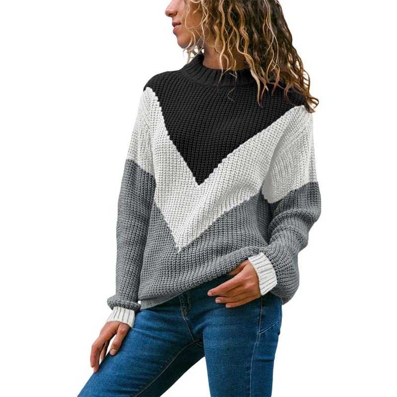 Damen Grobstrick-Pullover mit Chevrondesign, Rundhalsausschnitt und Rippbündchen Nord Taschen