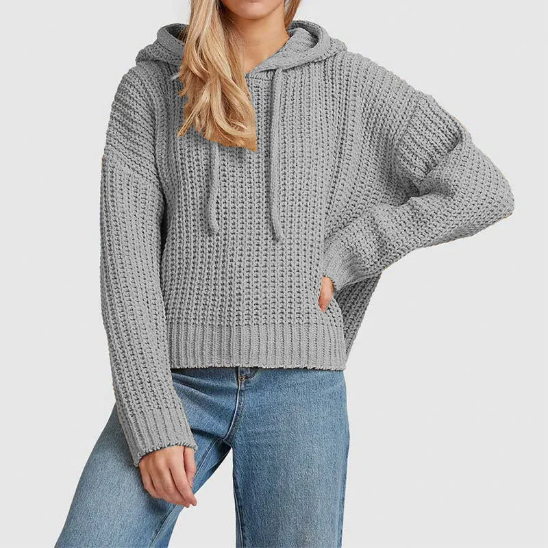 Damen Grobstrick-Kapuzenpullover mit Waffelstruktur, überschnittener Schulter und kurzem Saum Nord Taschen