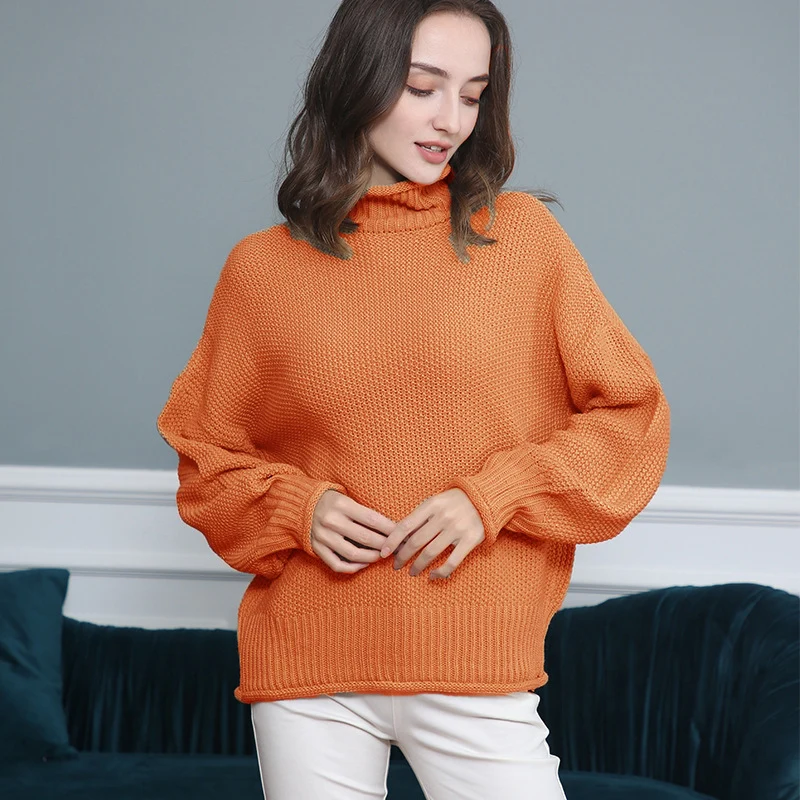 Damen Grobgestrickter Rollkragenpullover mit Ballonärmeln Nord Taschen