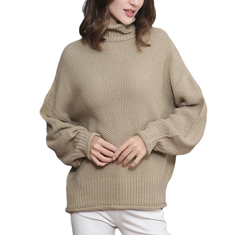 Damen Grobgestrickter Rollkragenpullover mit Ballonärmeln Nord Taschen