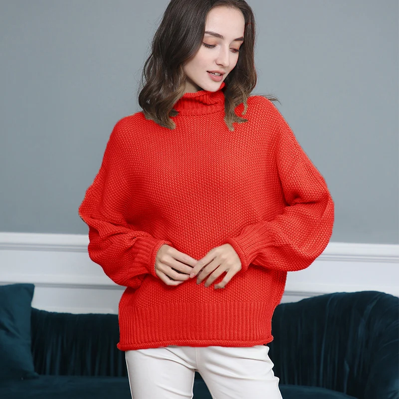 Damen Grobgestrickter Rollkragenpullover mit Ballonärmeln Nord Taschen