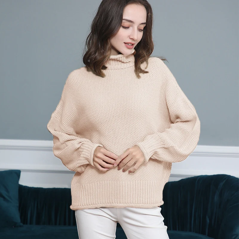 Damen Grobgestrickter Rollkragenpullover mit Ballonärmeln Nord Taschen