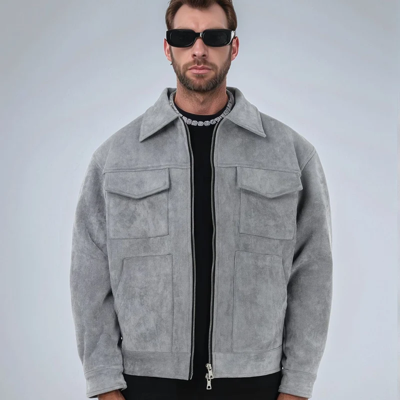 Herren Veloursleder-Overshirt mit vier Pattentaschen und Zwei-Wege-Reißverschluss Nord Taschen