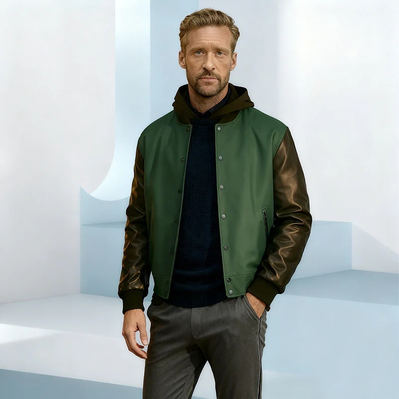 Herren Varsity‑Bomberjacke im College‑Stil mit Wollkörper und Lederärmeln Nord Taschen