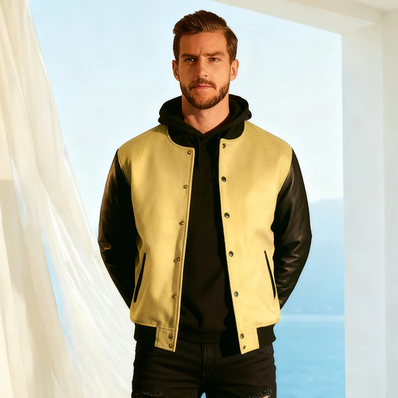 Herren Varsity‑Bomberjacke im College‑Stil mit Wollkörper und Lederärmeln Nord Taschen