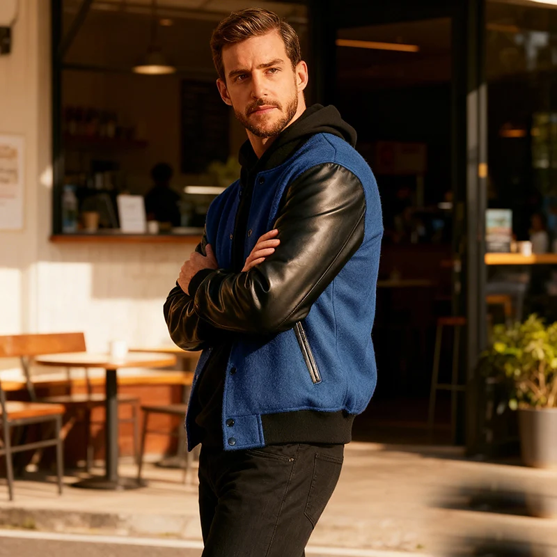 Herren Varsity‑Bomberjacke im College‑Stil mit Wollkörper und Lederärmeln Nord Taschen