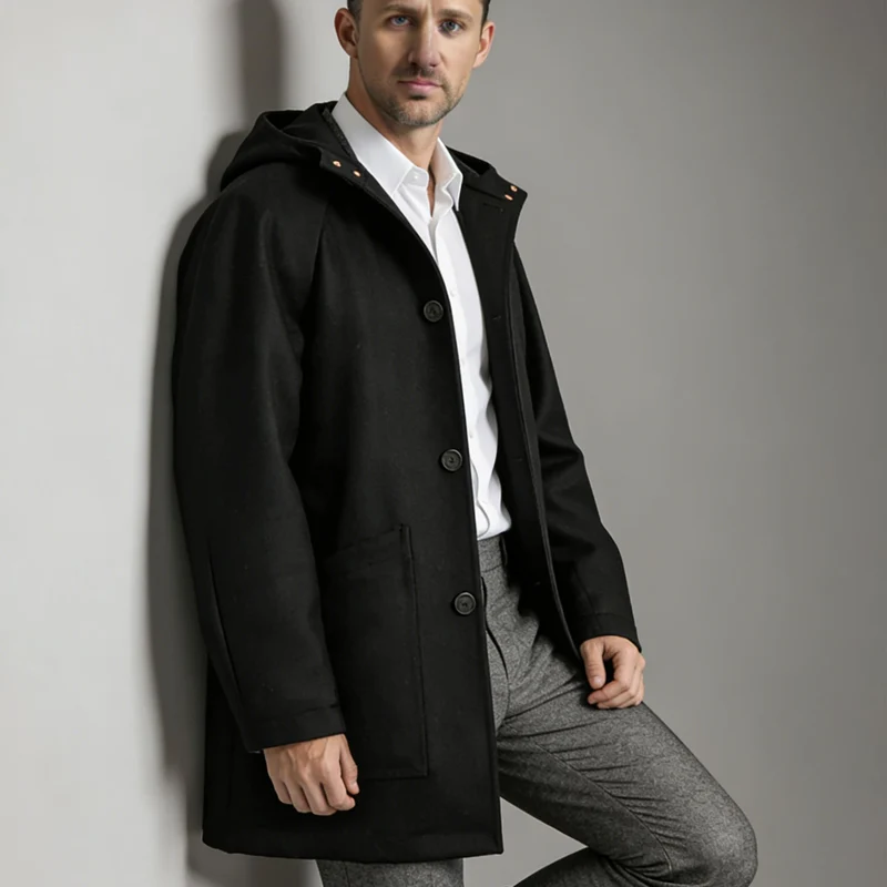 Herren Taillierter Wollmix-Mantel mit Kapuze und verdeckter Knopfleiste Nord Taschen