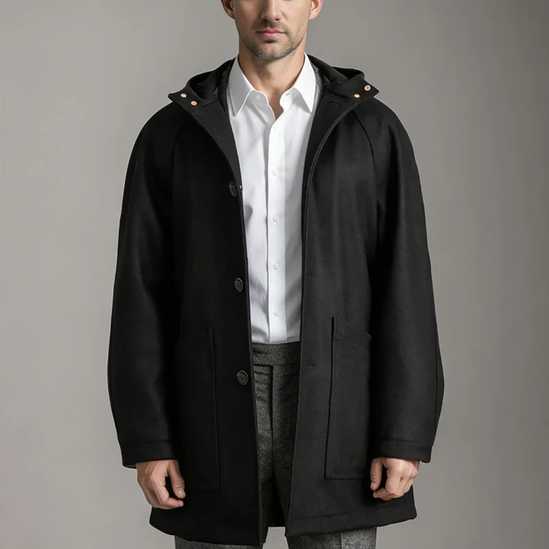 Herren Taillierter Wollmix-Mantel mit Kapuze und verdeckter Knopfleiste Nord Taschen