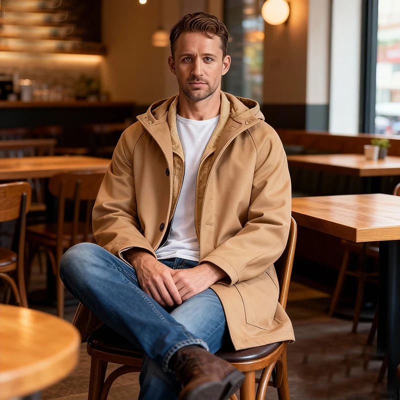 Herren Taillierter Wollmix-Mantel mit Kapuze und verdeckter Knopfleiste Nord Taschen