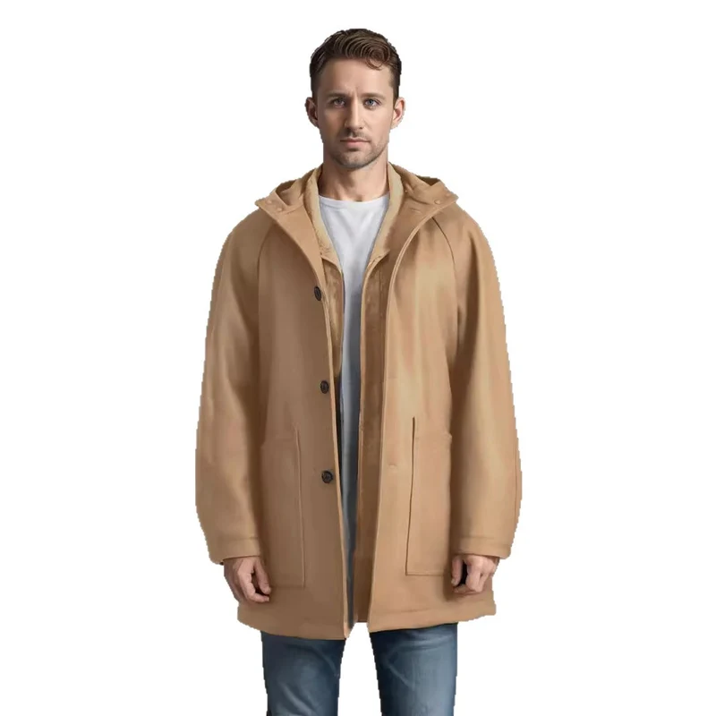 Herren Taillierter Wollmix-Mantel mit Kapuze und verdeckter Knopfleiste Nord Taschen