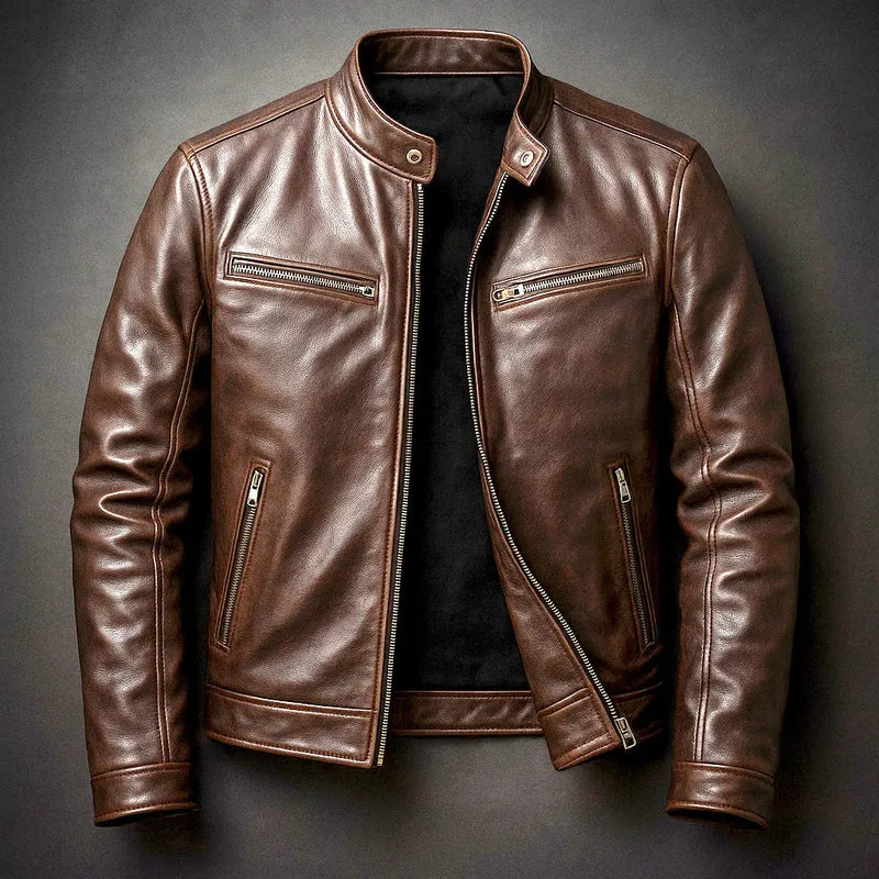 Herren Schmal geschnittene Biker-Lederjacke aus Nappaleder mit Stehkragen und Reißverschluss Nord Taschen