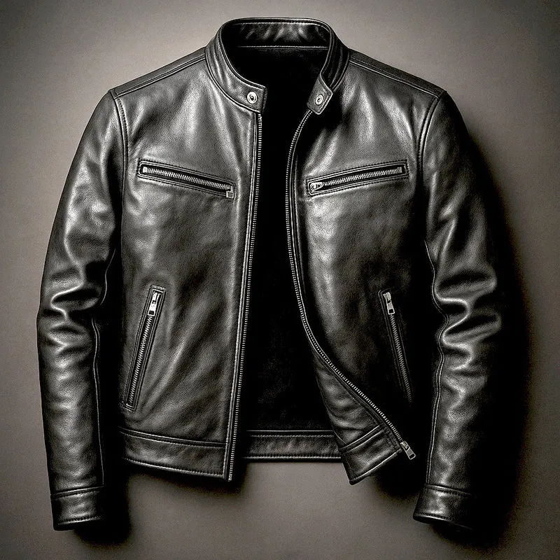 Herren Schmal geschnittene Biker-Lederjacke aus Nappaleder mit Stehkragen und Reißverschluss Nord Taschen