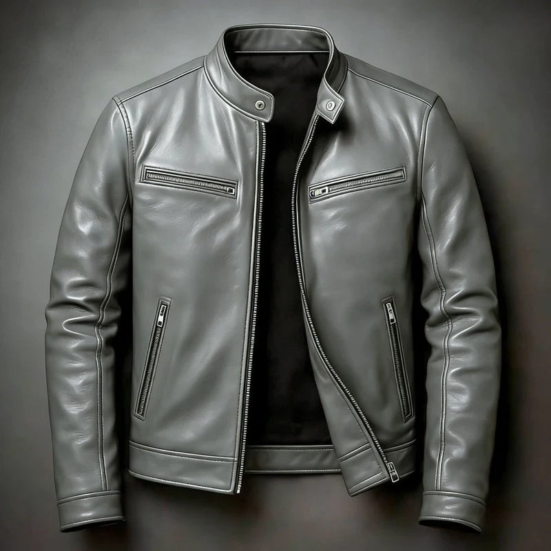 Herren Schmal geschnittene Biker-Lederjacke aus Nappaleder mit Stehkragen und Reißverschluss Nord Taschen