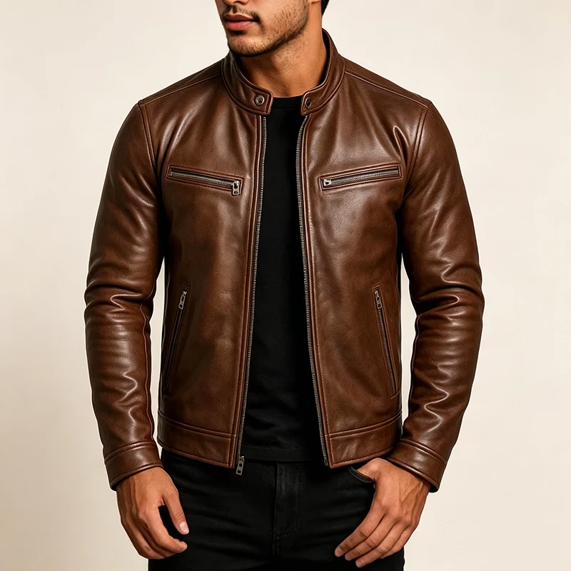 Herren Schmal geschnittene Biker-Lederjacke aus Nappaleder mit Stehkragen und Reißverschluss Nord Taschen