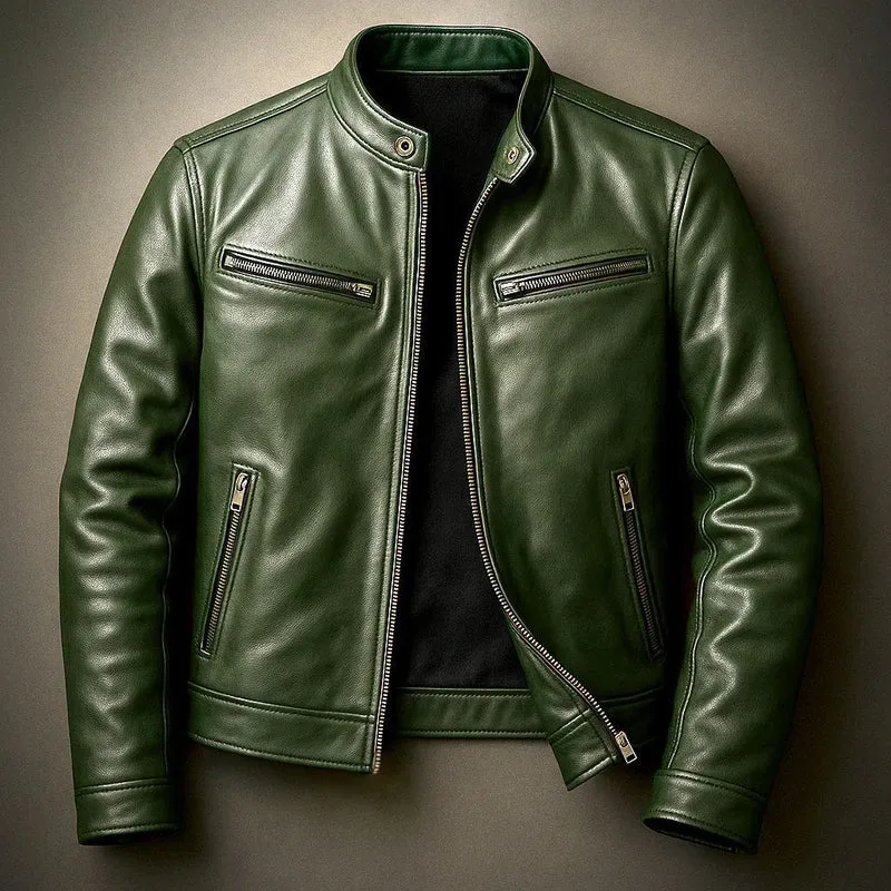 Herren Schmal geschnittene Biker-Lederjacke aus Nappaleder mit Stehkragen und Reißverschluss Nord Taschen